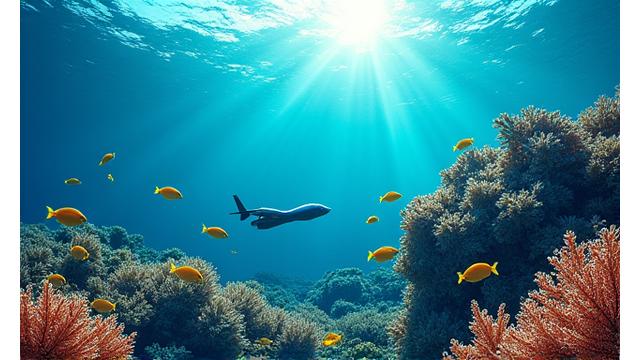 Mergulhador com equipamento de monitoramento em recife de coral saudável
