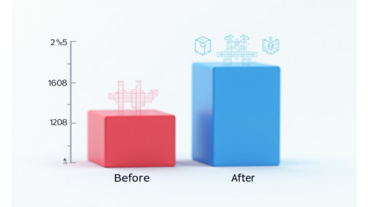 Gráfico de barras comparativo 'Antes e Depois' mostrando uma clara melhoria nos tempos de estadia de navios, throughput e custos operacionais em um porto após a implementação da tecnologia Navegante.